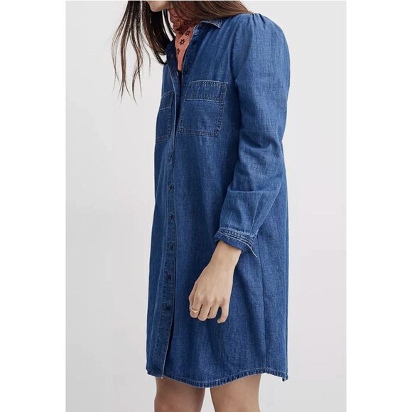 Madewell Denim Puff-Sleeve Shirtdress in Harris Wash Blue Size Small - Picture 3 of 13